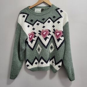 Knitted By Hand Colleen's Collectables Floral Fair Isle Vintage Sweater Medium